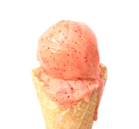 Photo of Delicious pink ice cream in waffle cone on white background, closeup