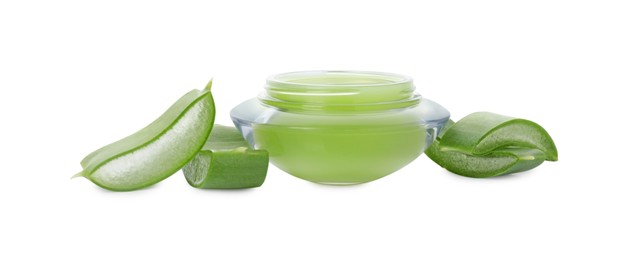 Photo of Jar of natural gel and cut aloe leaves isolated on white