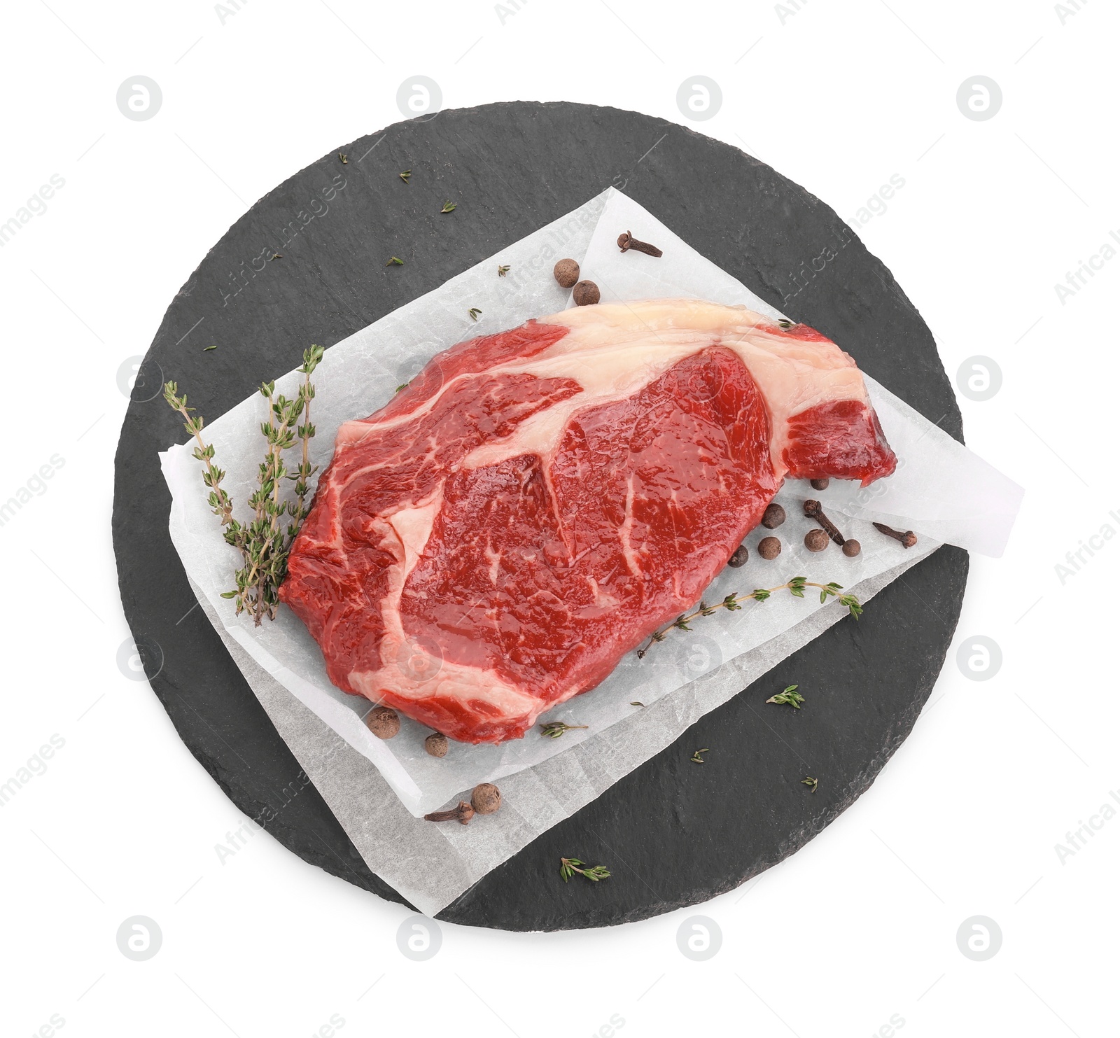 Photo of Piece of fresh beef meat, thyme and spices on white background, top view