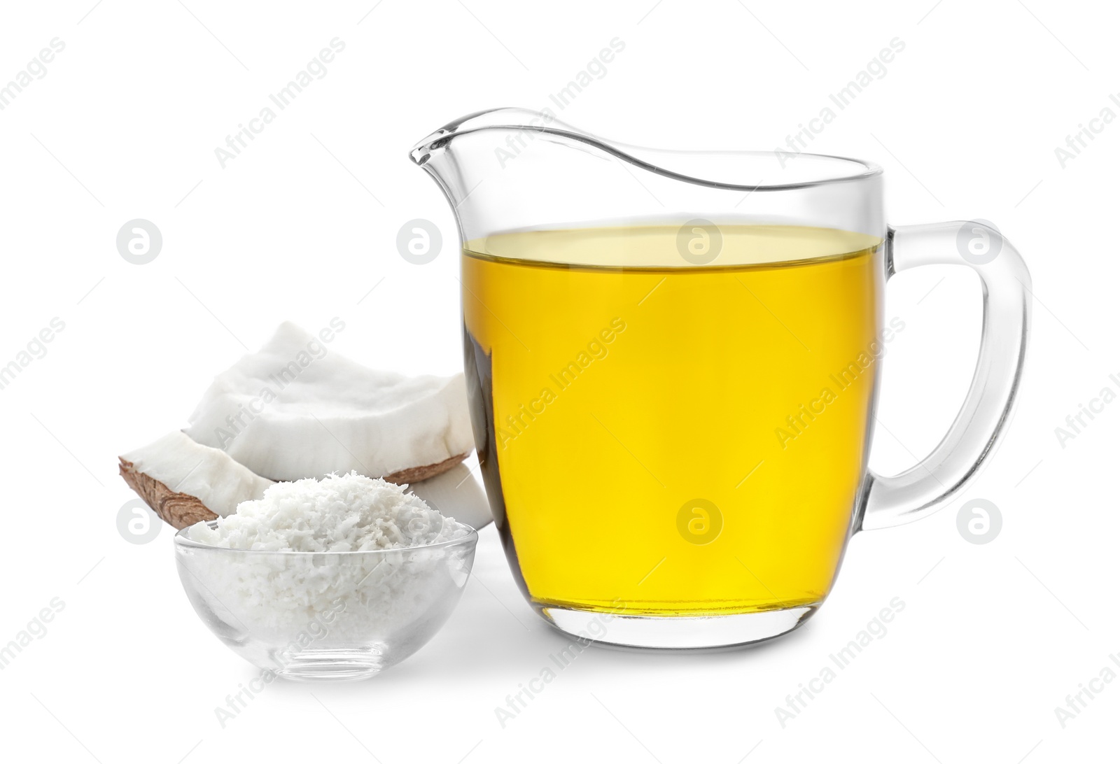 Photo of Composition with coconut oil on white background. Healthy cooking