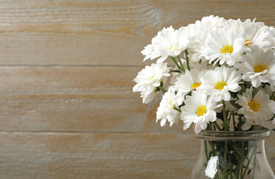 Beautiful white chrysanthemum flowers in glass vase on background. Space for text