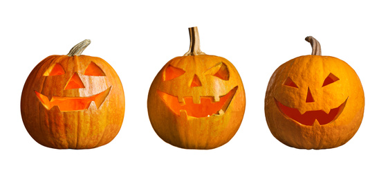 Image of Set of halloween pumpkin head jack lanterns on white background. Banner design 