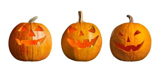 Set of halloween pumpkin head jack lanterns on white background. Banner design 