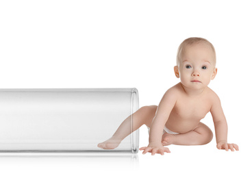 Little baby and test tube on white background