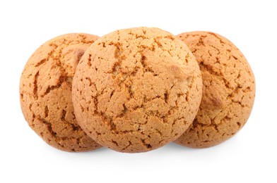 Photo of Delicious oatmeal cookies on white background, top view
