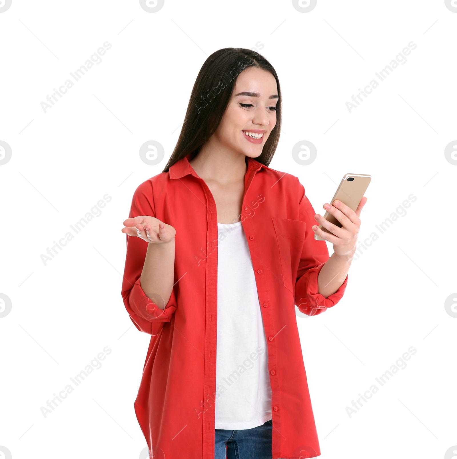 Photo of Woman using mobile phone for video chat isolated on white