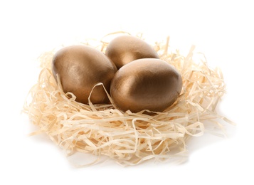 Photo of Nest with golden eggs on white background. Pension concept