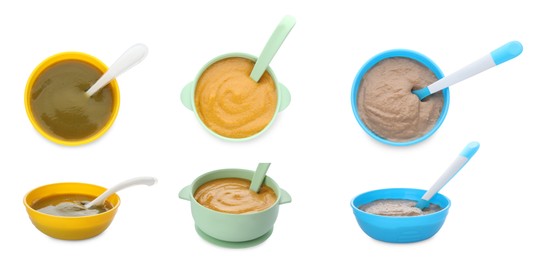 Set with healthy baby food in different dishes on white background. Banner design