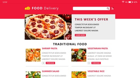 Image of Food delivery app. Display with appetizing menu