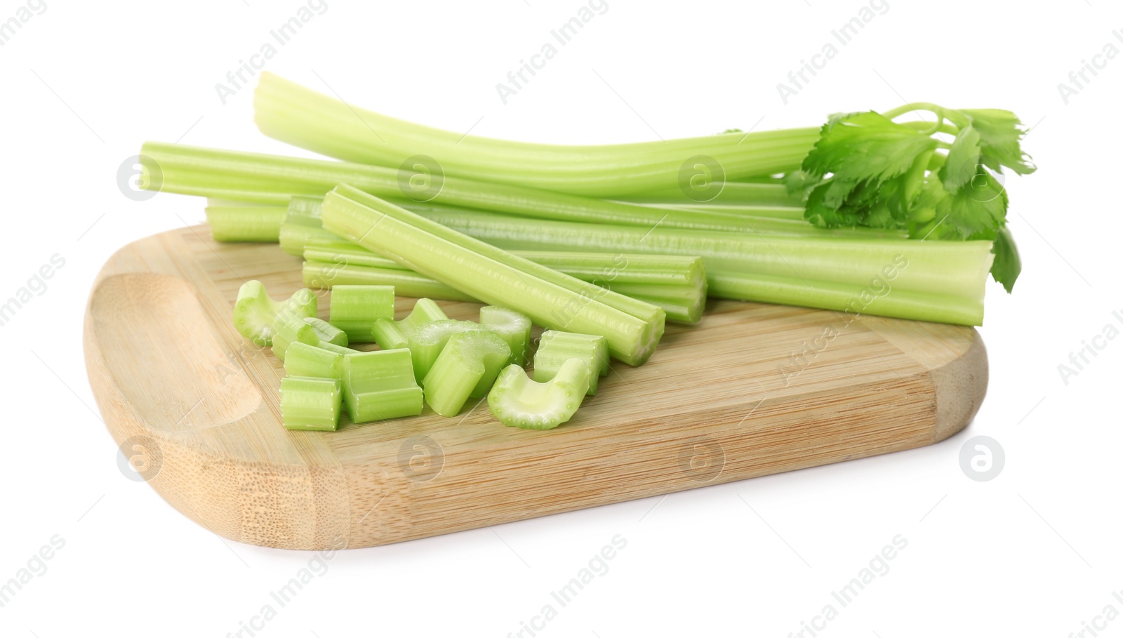 Photo of Fresh green celery stems isolated on white
