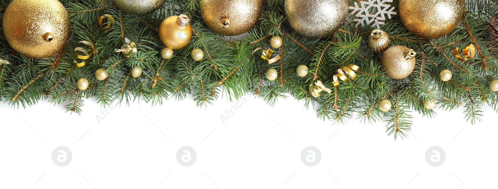 Photo of Fir tree branches with Christmas decoration on white background, flat lay