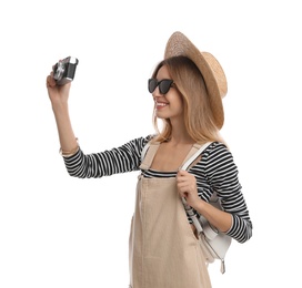 Photo of Woman with backpack taking picture on white background. Summer travel