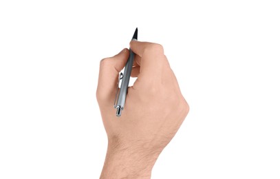 Man holding pen on white background, closeup of hand