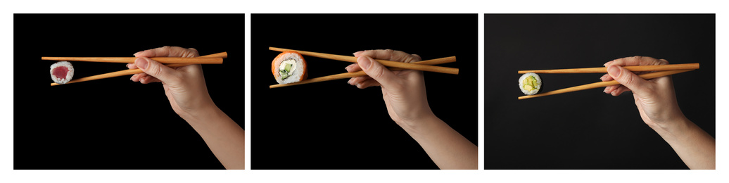 Image of Collage of women holding sushi rolls on black background, closeup