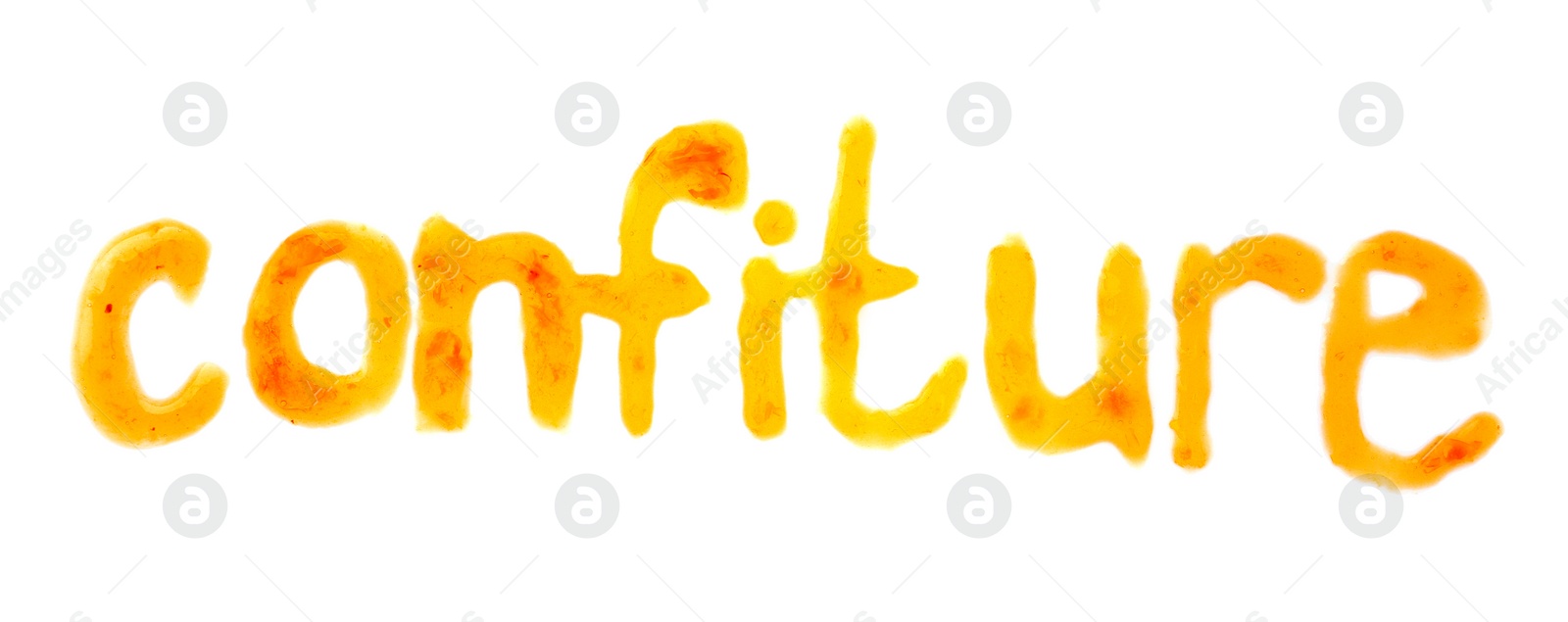 Photo of Word CONFITURE written with sweet jam on white background