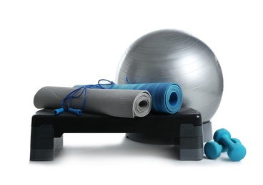 Set of fitness equipment on white background