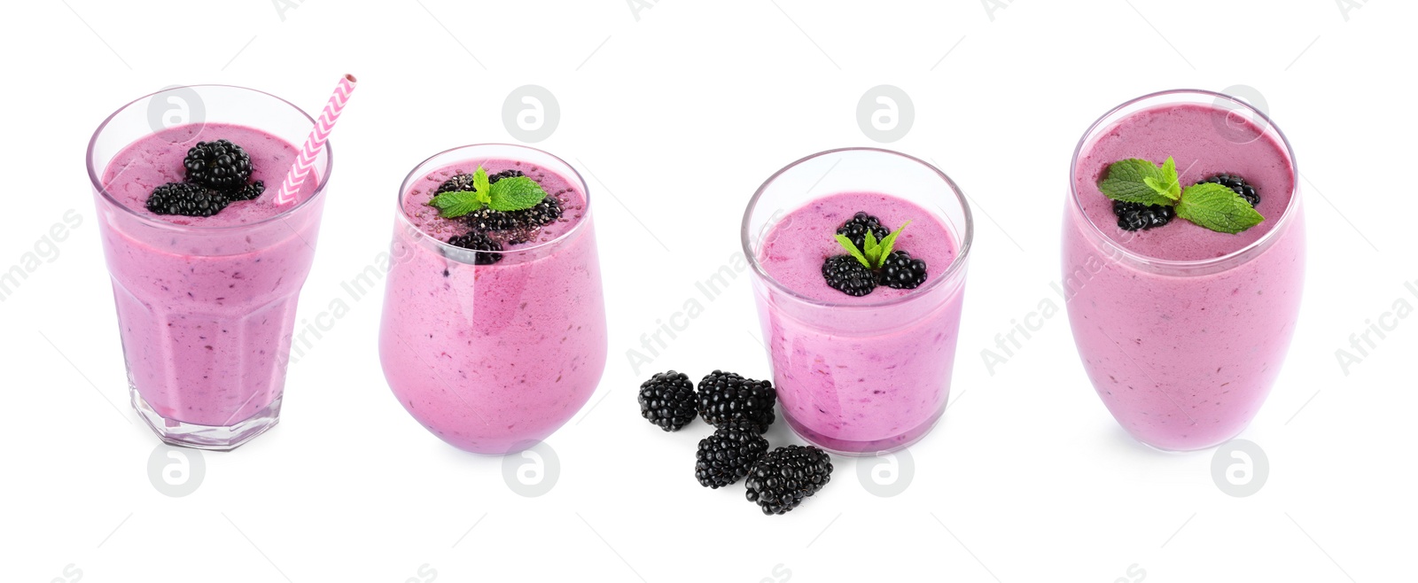 Image of Set with delicious blackberry smoothies on white background. Banner design