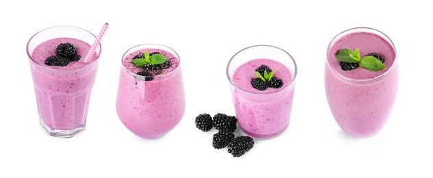 Image of Set with delicious blackberry smoothies on white background. Banner design