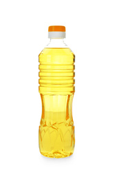 Photo of Cooking oil in plastic bottle isolated on white