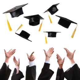 Group of graduates throwing hats against white background, closeup 