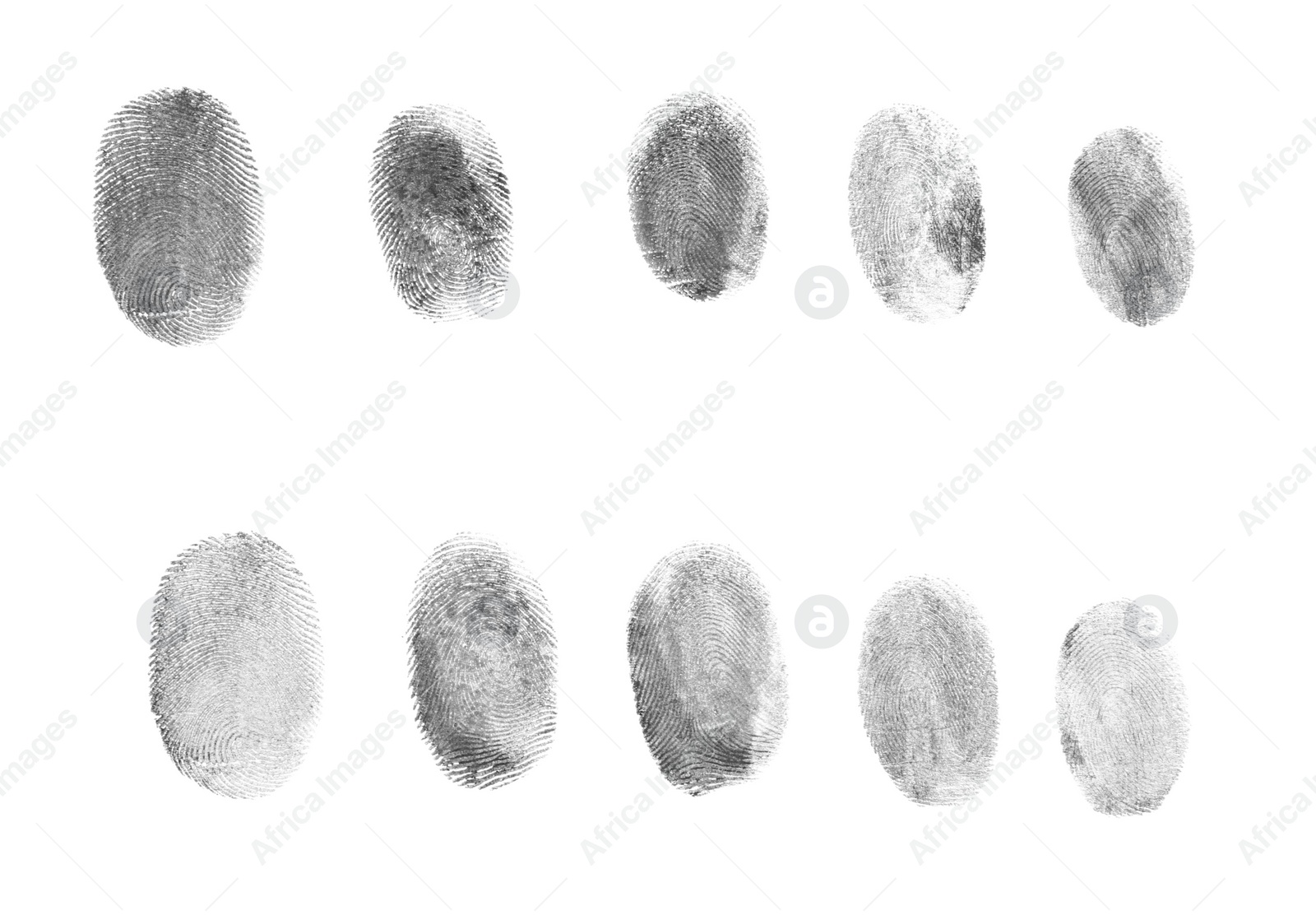 Photo of Many black fingerprints made with ink on white background, top view