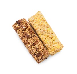 Photo of Different tasty granola bars isolated on white, top view