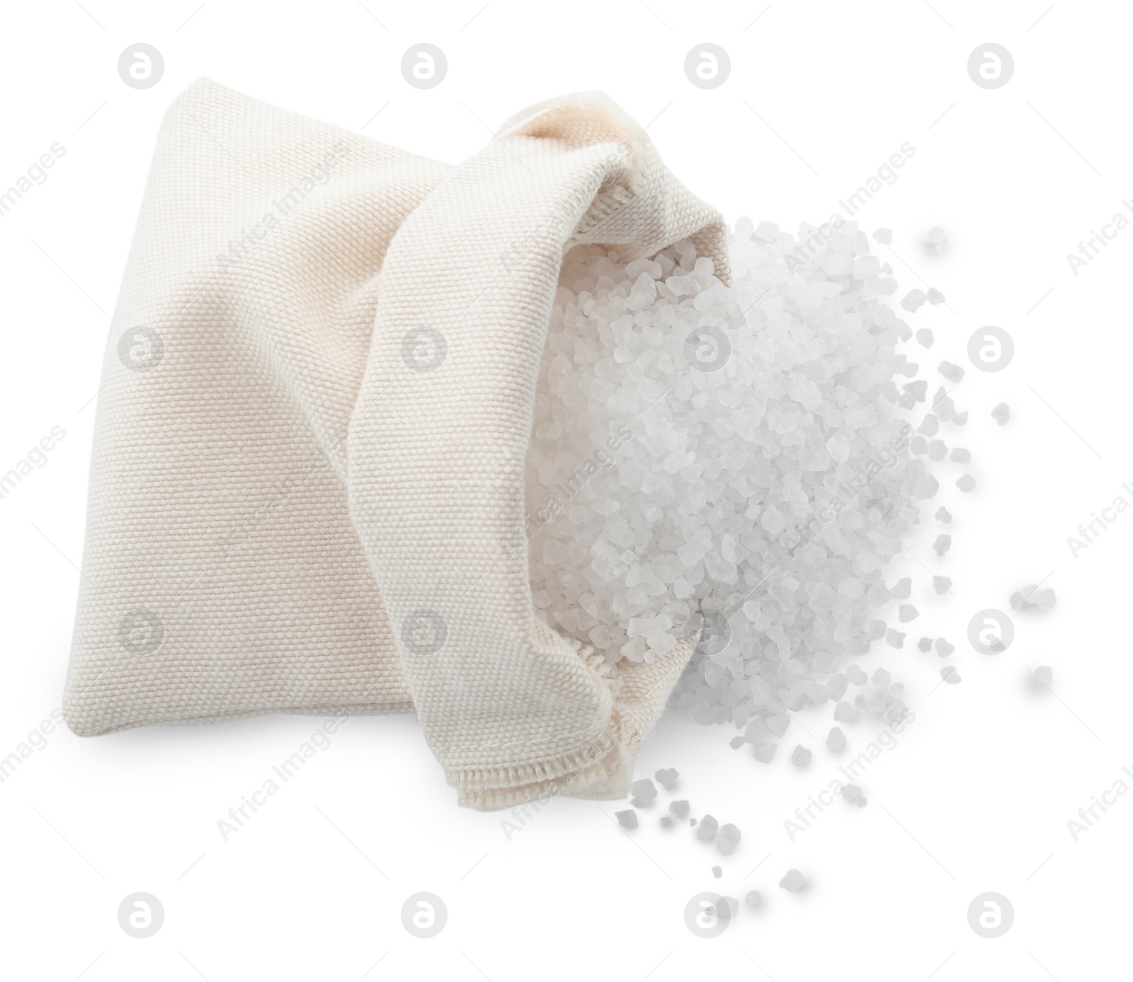 Photo of Natural salt and bag on white background