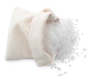 Natural salt and bag on white background