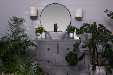 Photo of Stylish bathroom interior with modern furniture and beautiful green houseplants