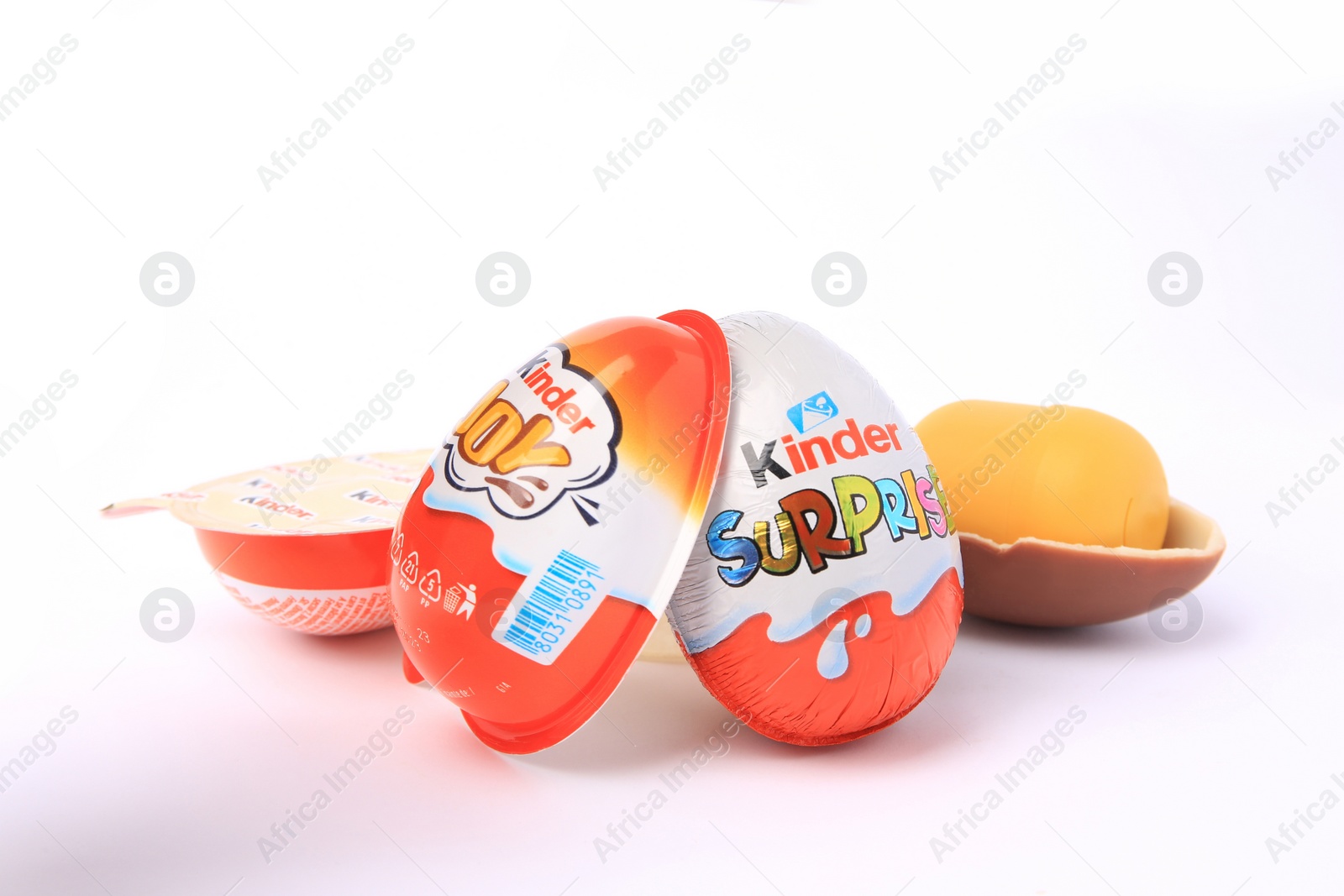 Photo of Slynchev Bryag, Bulgaria - May 24, 2023: Kinder Eggs and plastic capsule on white background