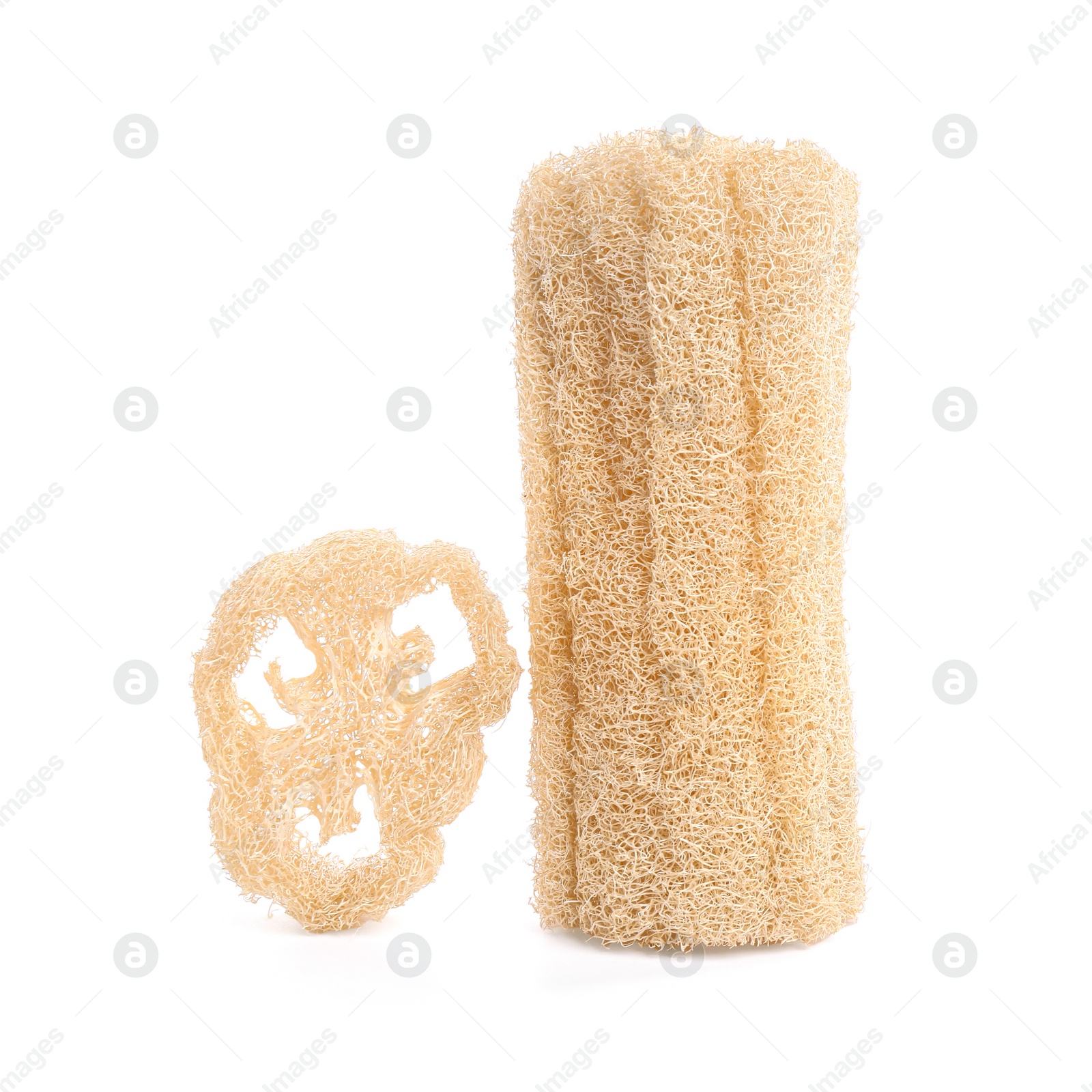 Photo of Loofah sponges isolated on white. Personal hygiene product