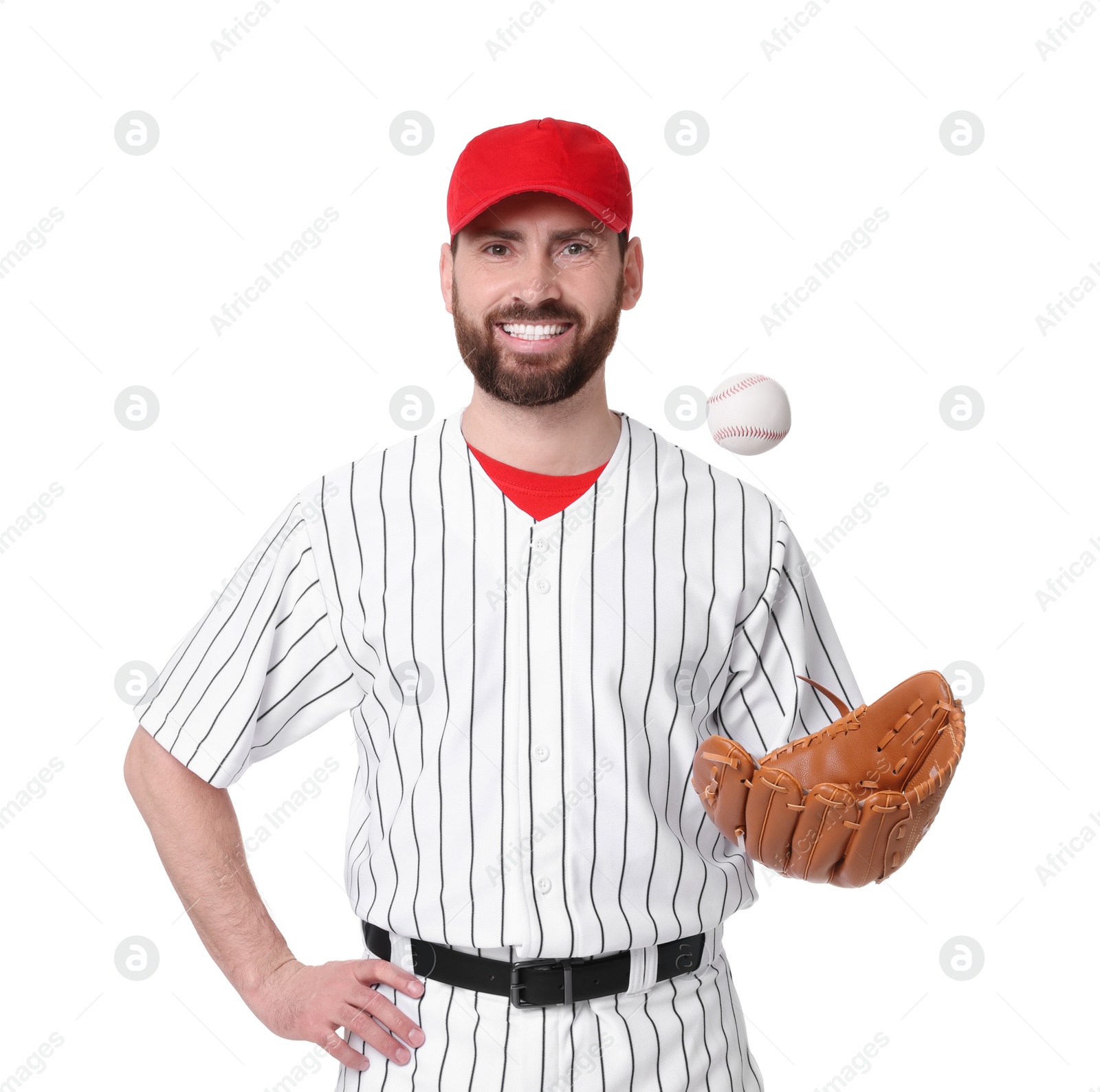 Photo of Baseball player catching ball on white background