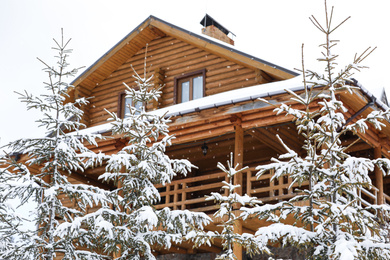 Snowy fir trees near wooden cottage. Winter vacation