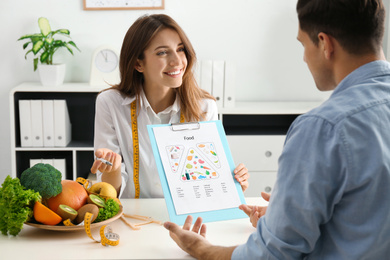 Young nutritionist consulting patient at table in clinic