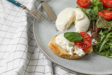 Delicious burrata cheese with tomatoes, arugula and toast served on checkered tablecloth, closeup