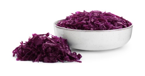 Photo of Bowl with tasty red cabbage sauerkraut isolated on white