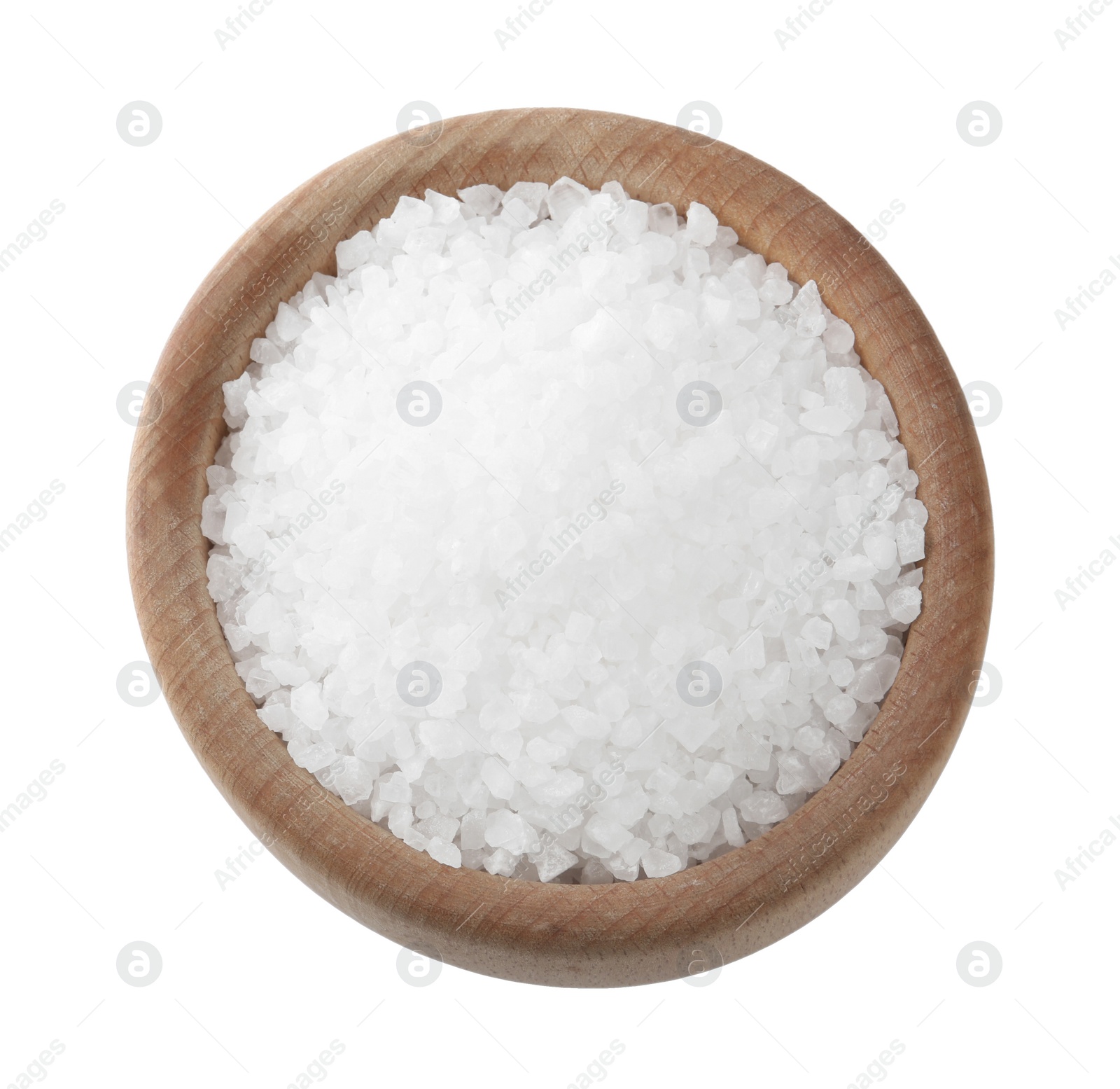 Photo of Natural sea salt in wooden bowl isolated on white, top view