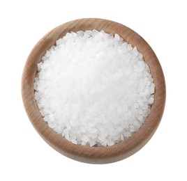 Photo of Natural sea salt in wooden bowl isolated on white, top view