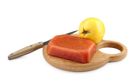 Photo of Delicious sweet quince paste, knife and fresh fruit isolated on white