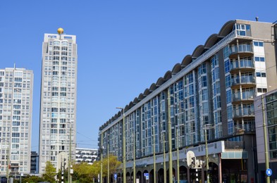 Beautiful modern buildings in city street. Urban architecture