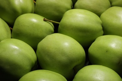 Photo of Fresh green apples as background, closeup view