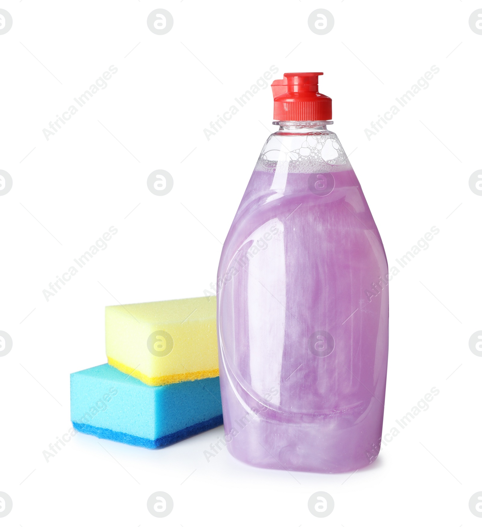 Photo of Cleaning product and sponges for dish washing on white background