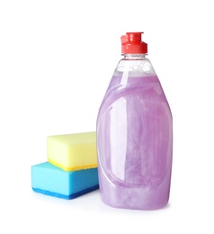 Photo of Cleaning product and sponges for dish washing on white background