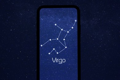 Image of Identified by stargazing app stick figure pattern of Virgo constellation on phone screen on at night, closeup
