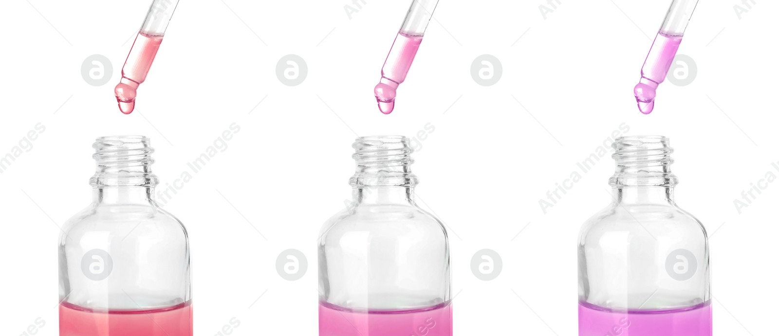 Image of Dripping essential oils from pipettes into glass bottle on white background, collage. Banner design