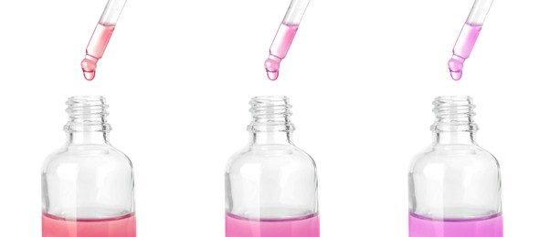 Image of Dripping essential oils from pipettes into glass bottle on white background, collage. Banner design