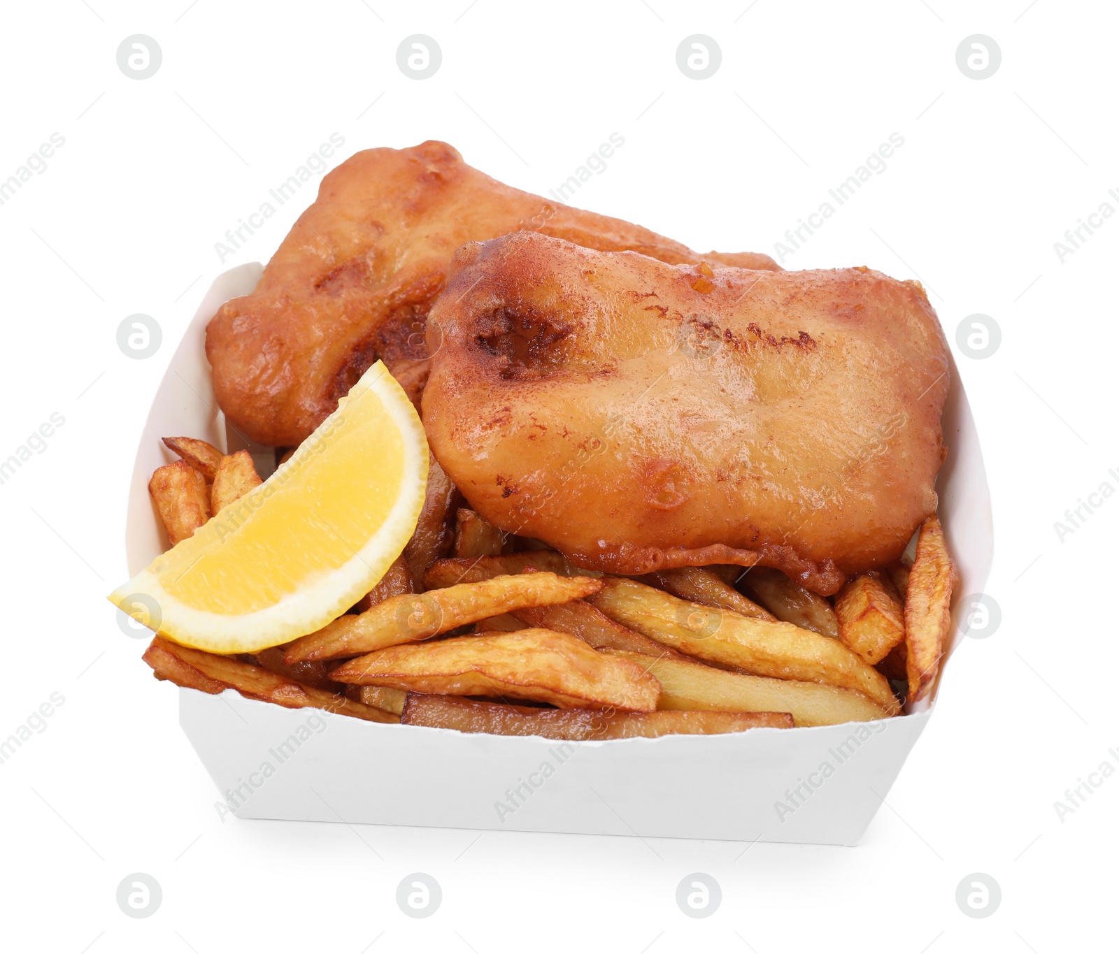 Photo of Tasty fish and chips with lemon in paper box isolated on white