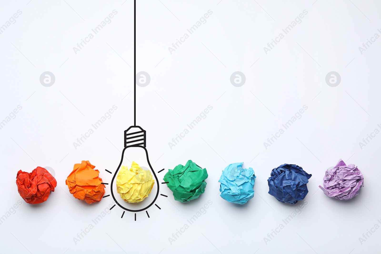 Image of Idea. Illustration of light bulb around crumpled paper ball on white background, flat lay