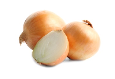 Photo of Fresh onions on white background. Ripe vegetable