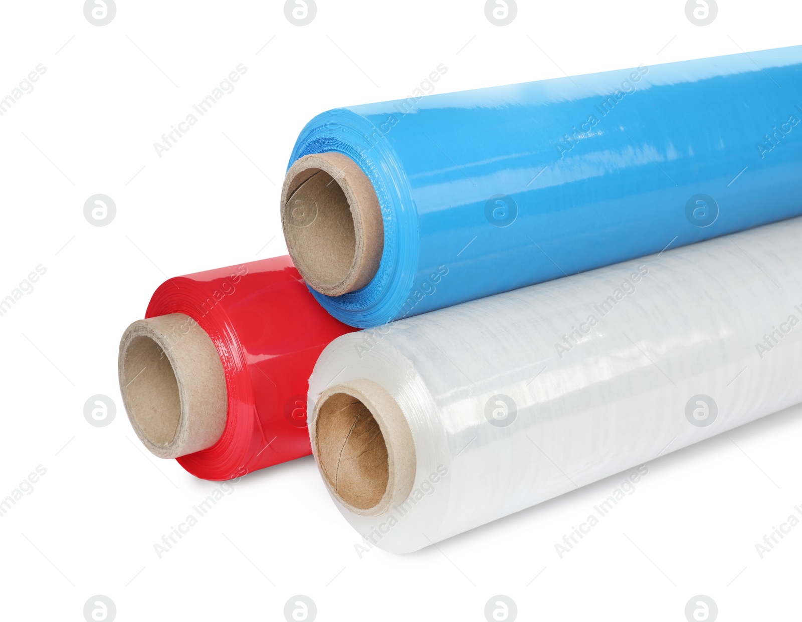 Photo of Different plastic stretch wrap films on white background, closeup